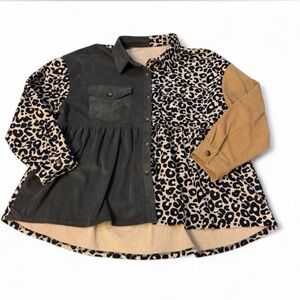 Babydoll Colorblock Corded Shacket Womens 2XL Jacket Leopard Boho Western Spring